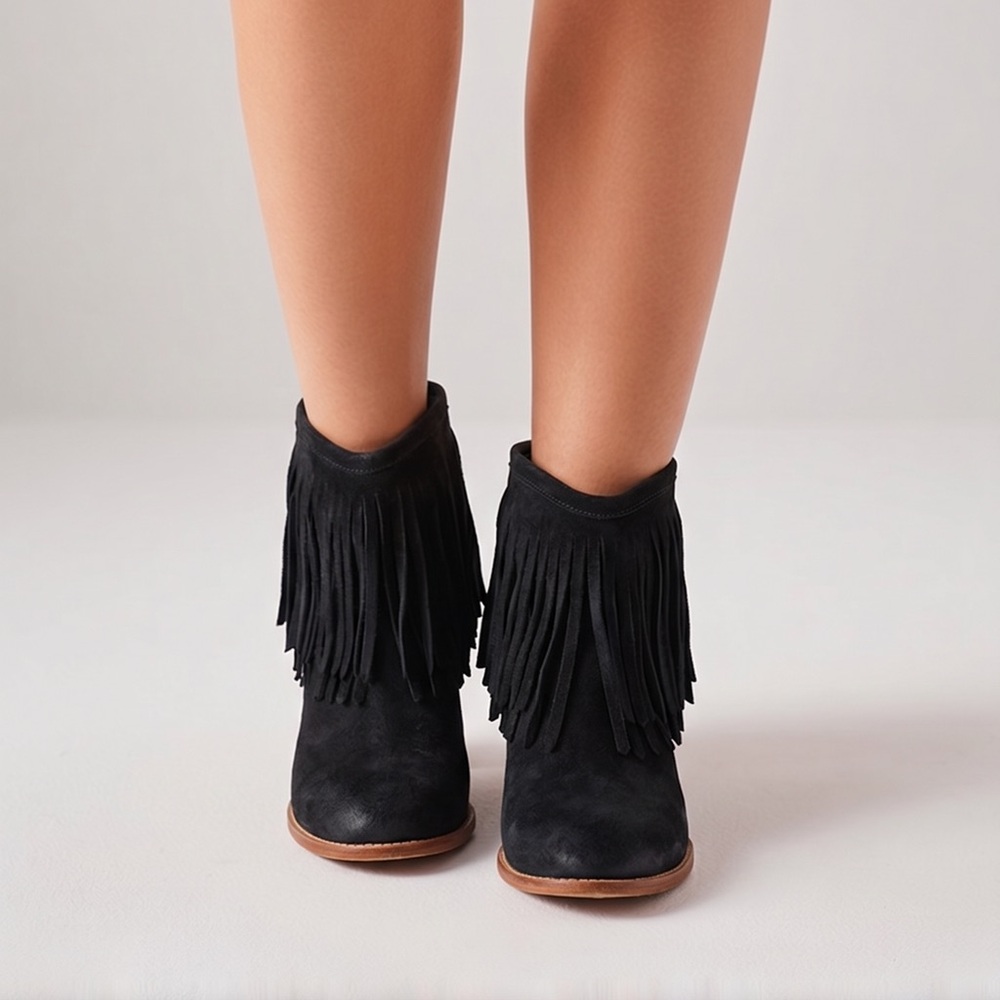 Frye Jenna Fringe Short Black Suede Leather Ankle Booties 7B 3478807-BLK